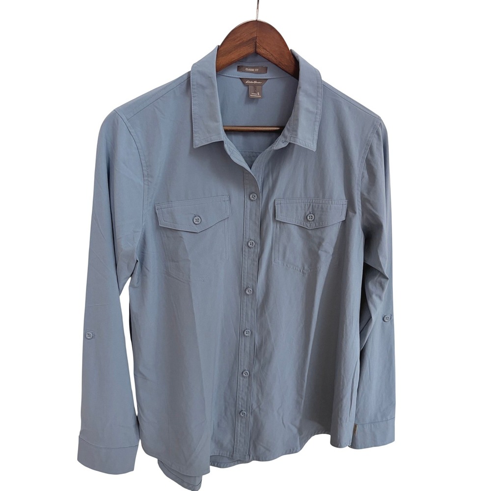 Eddie Bauer Departure Shirt Small Gorpcore Blue Hiking Travel Stretch Roll-Tab